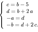 \begin{displaymath}
\left\{
\begin{array}{l}
c=b-5 \\ d=b+2\,a \\
-a=d \\ -b=d+2\,c.
\end{array}\right.
\end{displaymath}